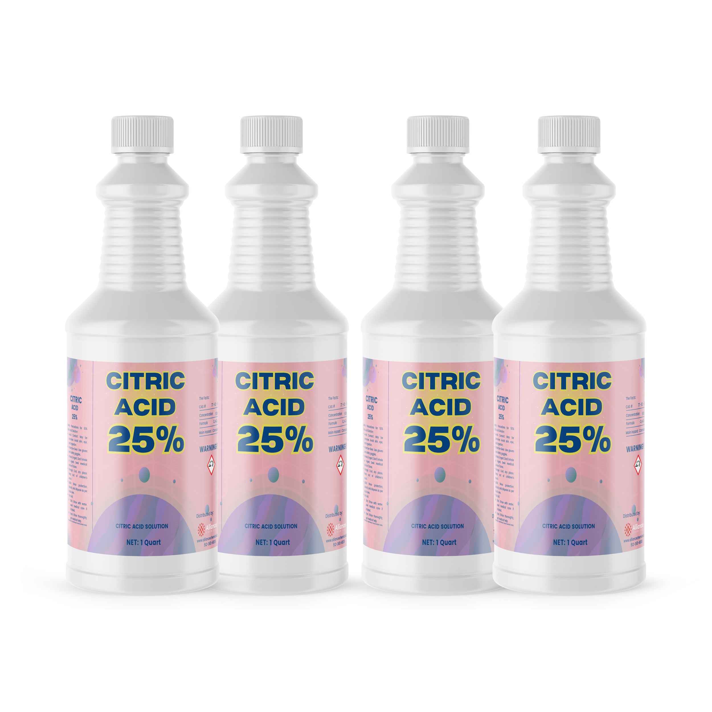 4x1-quart white HDPE bottles of 25% Citric Acid solution with pink-gradient labels, hazard warning symbols, and ribbed safety caps.
